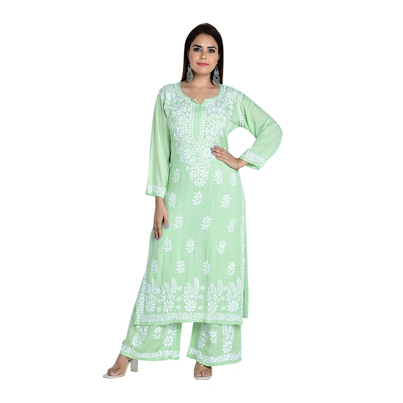 Female model in mint green printed kurta with palazzo - ethnic wear ecommerce photography by Lohar Studio Delhi